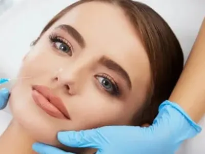 Stock photograph of a model: a woman lying back while a gloved clinician injects a syringe near her cheek