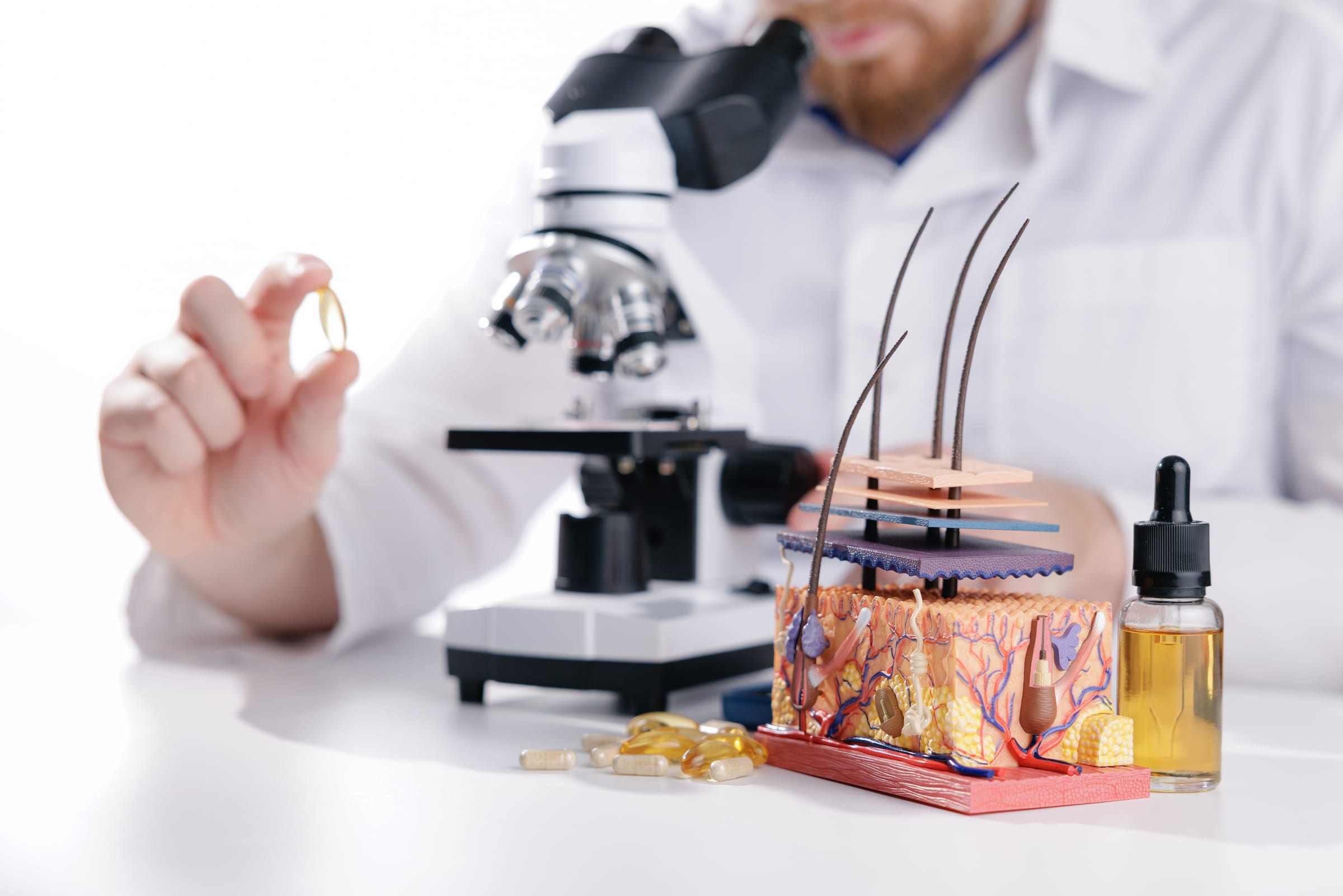Stock photograph of a model: a researcher at a microscope holding a capsule, beside a model of the layers of the skin