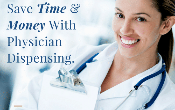 Stock photograph of a model: a smiling clinician in a white coat with a stethoscope and clipboard beside the words Save Time & Money With Physician Dispensing