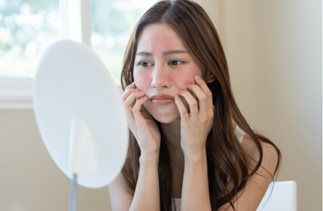 Stock photograph of a model: a woman with flushed, red cheeks touching her face while looking into a round mirror