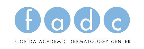Graphic: Florida Academic Dermatology Center logo, the letters f a d c in light blue circles