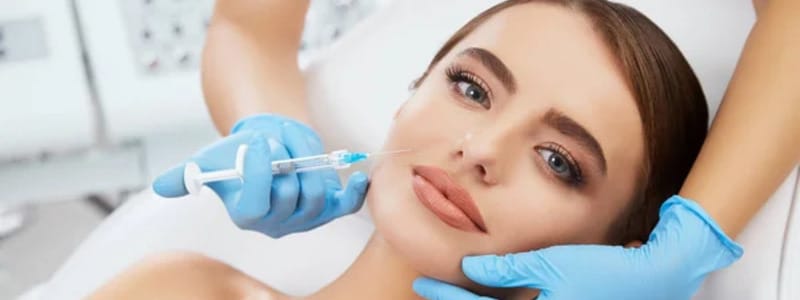 Stock photograph of a model: a woman lying back while a gloved clinician injects a syringe near her cheek