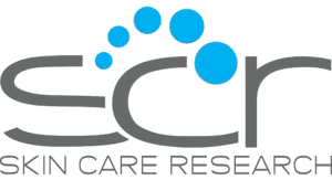 Skin Care Research logo: the letters scr in grey under blue dots