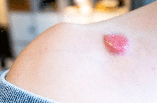Raised dermatfibrosarcoma protuberans (DFSP, non-melanoma skin cancer) on chest shoulder
